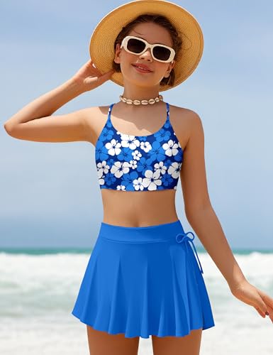 Girls Swimsuit Tropical Floral Bikini + Side Slit Pleated Skirt with Shorts 2 Piece Bathing Suit Girls Swimwear 7-14Y2