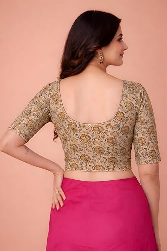 Image of Amazon Brand - Anarva Women's Kalamkari Print Cotton Stretchable Round Neck Readymade Saree Blouse