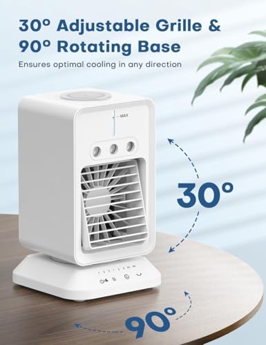 Image of HIFRESH Mini Cooler for Room w /Auto Rotate, 3 Spray Modes, Cold Air, Mini Fan w /Top Ice Chamber, 1 /2 /3 /4H Timer, USB Compatible Air Cooler for Room Cooling, 3 Speeds Small AC, Low Power Consumption