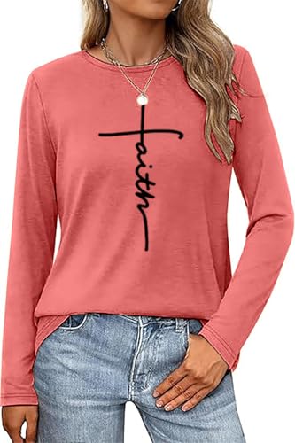 Faith Shirts for Women Letter Printed Casual Long Sleeve Tee Top