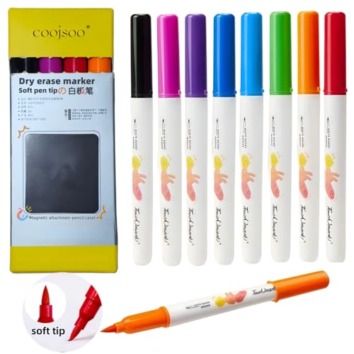 coojsoo Soft Tip Art Dry Erase Markers Washable Colorful Whiteboard Pens with Magnetic Storage Box Low Odor Non-Toxic Easy Erase Markers for Doodling Painting & Calligraphy