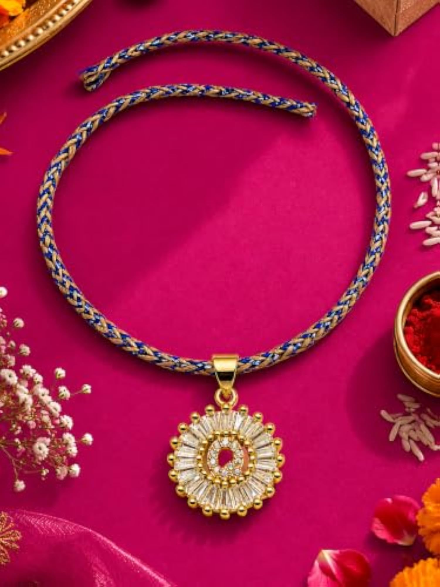 Q Letter Gold-Plated Blue Braided Diamond Charm Rakhi