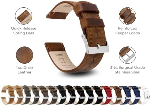 BARTON WATCH BANDS Quick Release Top Grain Leather Watch Band Strap, Caramel Tan Leather, 22mm - 3