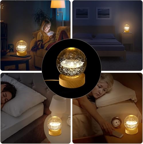 Image of UCRAVO 3D Galaxy Crystal Ball with Wooden Base, 3D Solar System, Planet Engraved Glass Ball Cosmic Model, Luminous Crystal for Christmas Nightlight Astronomy Gifts for Kids Birthday