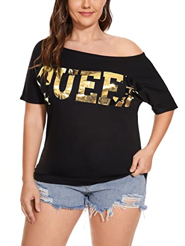 Pesion Womens Off The Shoulder Tops Sexy Shiny Shirts Long/Short Sleeves Fashion Graphic T-Shirts Blouses, Black+ Gold #2 X-Large #TOP1