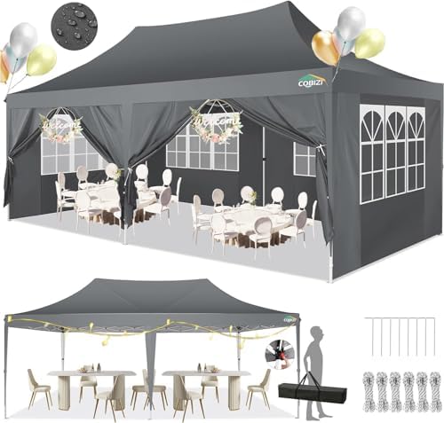 COBIZI 10x20 Pop Up Canopy with 6 Sidewalls,10x20 Canopy Tent Frame Upgraded with 3 Adjustable Heights,Waterproof UV50+ Outdoor Party Commercial Ez Up Gazebos with Carry Bag(10 x 20 ft Gray)