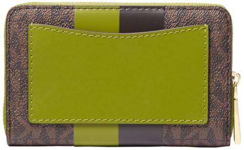Image of Michael Kors Jet Set Small Zip Around Card Case, Gold-Tone Hardware /Signature with Center Stripe /Meadow Green