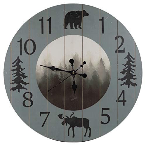 Hiend Accents Foggy Forest Rustic Lodge Moose & Bear Wall Clock, Ash Blue & Gray Wooden Cabin Decor #TOP24