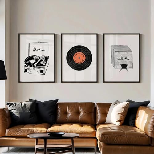 Toile de disque vinyle vintage pour salon de mélomane, triptyque mural 70x100 cm ambiance jazz