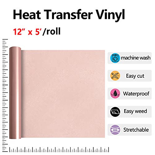 Image of RENLITONG Soft Metal Heat Transfer Vinyl, 12 inch x 5ft Rose Golden HTV Vinyl Soft Stretchy Metallic Glossy Iron on Vinyl, Premium PU Material HTV Roll, Easy Cut & Weed for DIY Heat Vinyl Designs