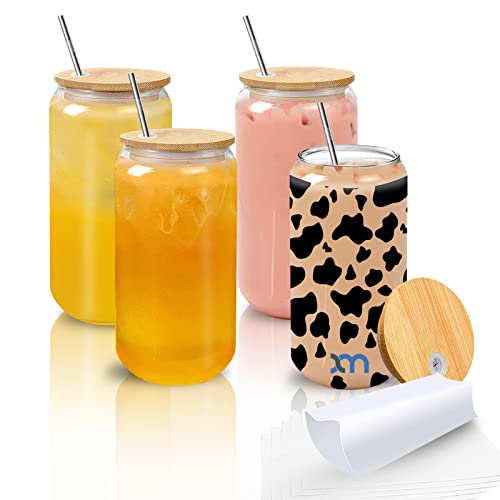 XccMe Sublimationsdosen-Bierglas, 473 ml, Dosenform, Gläser mit Bambusdeckel, Edelstahl-Trinkhalme und Schrumpffolien, ideal für Soda, Eiskaffee, Eistee, Kelch, Whiskey, Geschenk, 4 Stück Cover