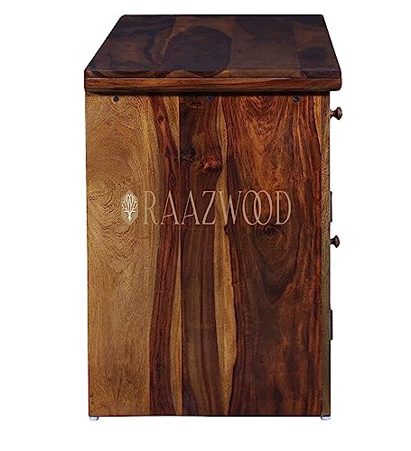 Image of Sheesham Wood Wooden Simple Office Cum Computer Table with Three Drawer and Single Door Cabinet with Leg and Keyboard Support in Natural Honey in Matte Polished Desk