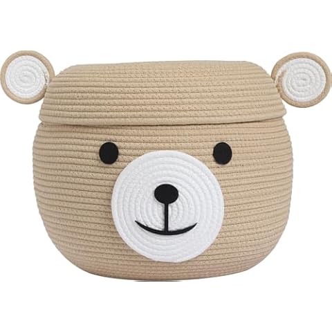 Cottonphant Handcrafted Animal Inspired Basket with Lid | Cotton Storage Solution for Organization in Bedroom | Perfect Organizer for a Shower or Retreat, Beige Bear, 15"x12" Cover