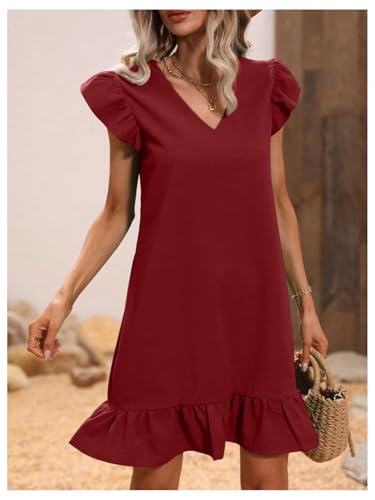 Image of SOLY HUX Summer Dresses for Women V Neck Cap Sleeve Ruffle Hem Smock Short Dress Plain Burgundy Large