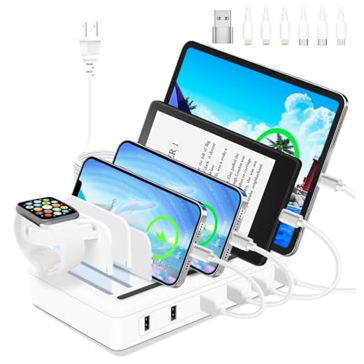 MERGROLY Fast Charging Station for Multiple Devices, 50W 6-Ports USB Charging Station with10-Slot, Sturdy Dividers, Watch Holder, Compatible with Phone/iPad/Kindle/Tablet (6 Short Cables Included)