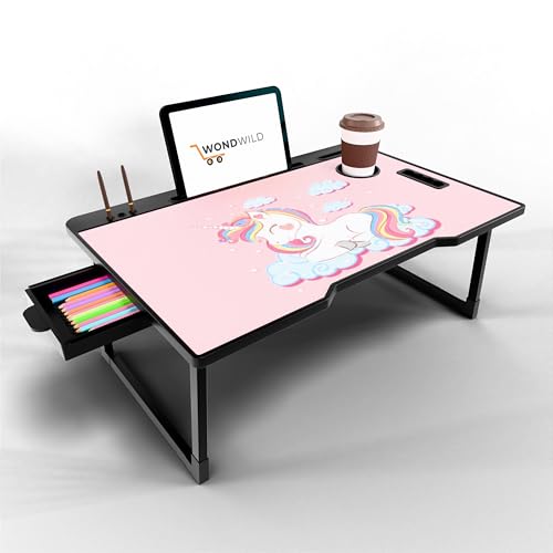 Image of WONDWILD Smart Multipurpose Foldable Laptop Table with Cup Holder, Study Table, Bed Table, Breakfast Table, Foldable and Portable /Ergonomic & Rounded Edges /Non-Slip Legs (ABS UK)