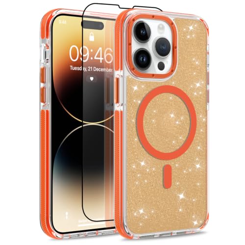 Image of Magnetic Case for iPhone 14 Pro Max [Compatible with Magsafe] [Bling Glitter Fluorescent Design] [1 Screen Protector] Slim Translucent Matte Case for iPhone 14 Pro Max 6.7 inch 2022, Orange