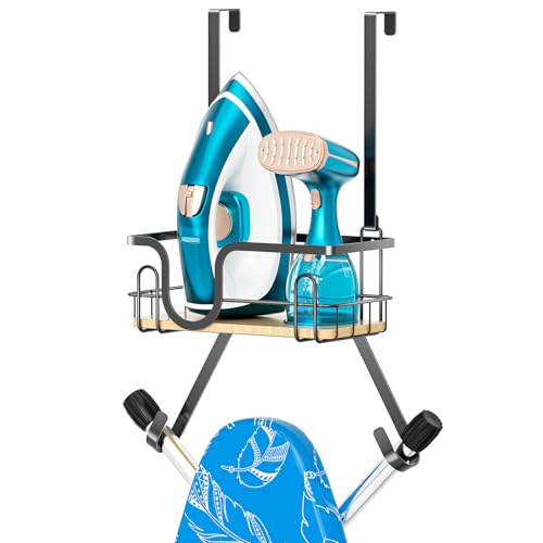 XILIMEN Ironing Board Holder Wall Mount, Over The Door Ironing Board Hanger with Storage Basket, Iron Holder for Hotel Rooms, Home Laundry Rooms, Utility Rooms, Closets (Black)