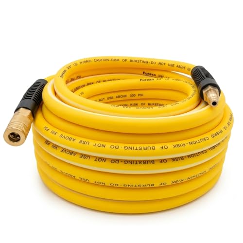 Air Hose 3/8 in x 10 ft Heavy Duty Lightweight Kink Resistant Hybrid Air Compressor Hose with 1/4 in Solid Brass Male Fittings Bend Restrictors 300 PSI (Yellow White 10FT)