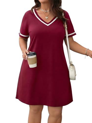 Image of Verdusa Women's Plus Size A Line T Shirt Dress Short Sleeve V Neck Tunic Dresses Casual Outfits