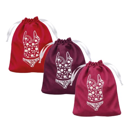 Image of Lingerie Bag for Travel Set of 3, Women Lingerie Bags with Drawstrings, Double-Layered Polyester Beach Bags for Swimwear, Underwear & Storage, 15x15 Inches (Burgundy-Crimson-Wine)