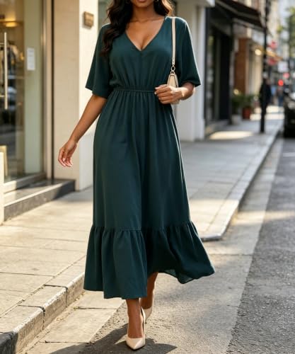 Image of Women's Summer Short Sleeve Maxi Floral Flowy Dresses with Pockets
