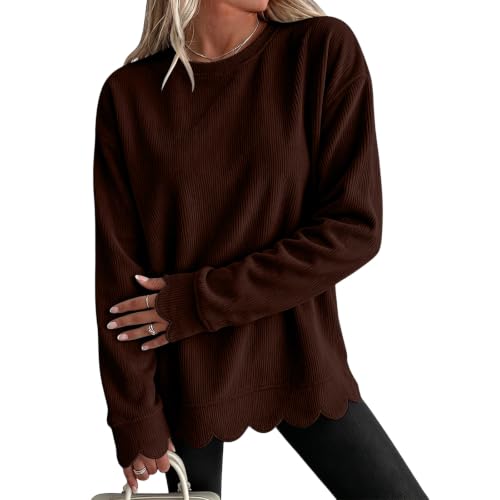 HswsEJ Crewneck Sweatshirts Women Fall Corduroy Long Sleeve Scalloped Tops - image 1
