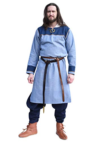 Battle-Merchant Tunica vichinga Ove con Motivo a Spina di Pesce - Ideale per Giochi di Ruolo dal Vivo (Larp), Costumi medievali - Blu - XL