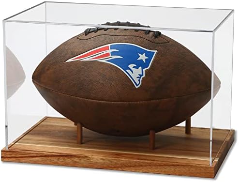 JupDec Football Display Case Full Size, Acrylic Clear Box with Wood Stand, UV Protected Memorabilia Holder, for Football Fans & Collectors, Sports Collectibles, No Assembly Required
