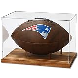 JupDec Football Display Case Full Size, Acrylic Clear Box with Wood Stand, UV Protected Memorabilia
