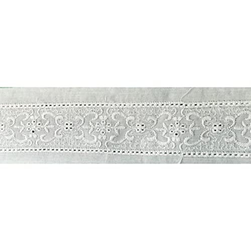 Image of PCJS - 5M Cotton Schiffli Lace, White, Floral, Elegant, 4cm Border for Dress, Dupatta, Home Textile, Craft, Dyeable