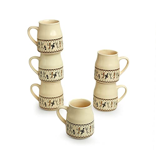 Image of ExclusiveLane 'Warli Village Tales' Ceramic Tea Cups Set of 6 for Tea Cups Ceramic (140 ml, Microwave Safe, Dishwasher Safe, Beige)| Coffee Cup Set Ceramic Cups Set of 6 Tea Cup Ceramic Drinkware