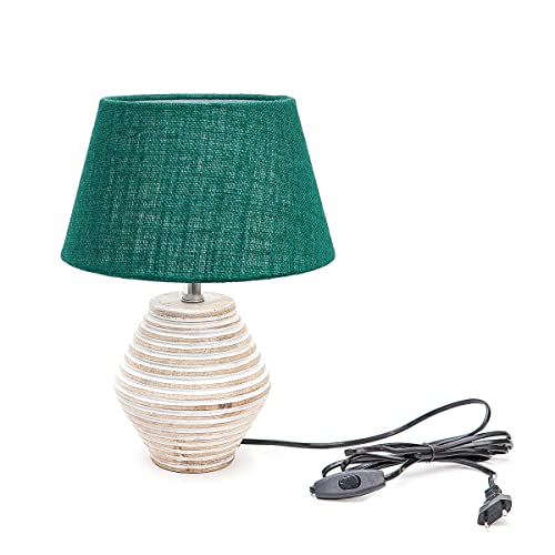 Image of PineCraft International Atury Table Lamp with Shade Night Lamp for Living Room, Study Room, Bedroom & Home Decor Gift Item 14 inch Height Wooden Study Lamp with Dark Green Shade