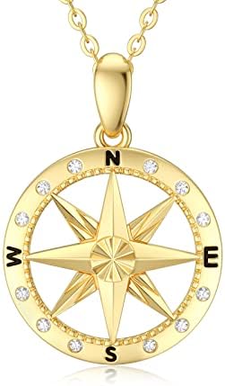 SISGEM 14K Real Gold Compass Necklace for Women Teen Girls, Yellow Gold Compass Pendant Necklace with Cubic Zirconia Jewerly Gifts for Birthday Christmas 16+1+1 inch (14K-Yellow)