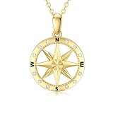 SISGEM 14K Real Gold Compass Necklace for Women Teen Girls, Yellow Gold Compass Pendant Necklace wit
