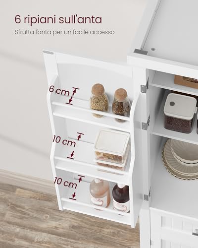 VASAGLE Credenza Cucina, 40 x 76 x 182,1 cm, Mobile Dispensa Cucina con Scomparto, Mobiletto Cucina con Cassetto, Ripiani Regolabili, 6 Ripiani su Ante, Soggiorno, Bianco BBC561W21 - immagine 6