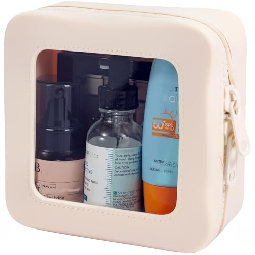 Small Clear Makeup Bag for Women, Mini Silicone Pouch Travel Cosmetic Case Waterproof Clear Make Up Pouch with Zipper Cute Toiletry Bags for Traveling Car Organizer Mini Travel Essentials (Beige)