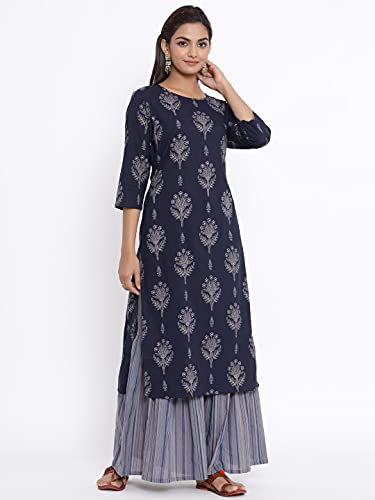 Image of Doriyaan women Floral Printed straight cotton kurta With Sharara salwar suit Set Blue