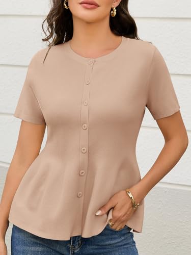 Image of Saodimallsu Womens Short Sleeve Cardigans Ruffle Button Down Crew Neck Peplum Babydoll Knit Sweater Tops