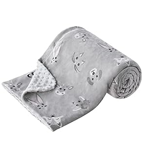 DaysU Silky Micro Soft Plush Baby Blankets Unisex with Print Animal Pattern and Soothing Raised Dots, Double Layer Bed Throws for Baby Crib, Animal Faces, Grey, 30×40 Inches