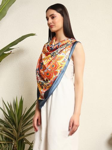 Image of Ravaiyaa - Attitude is everything Women Silk Digital Print Large Square Scarf Breathable Lightweight Neckerchief Printed Headscarf 40 inch x 40 inch Inch