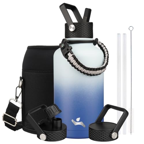 Image of Konokyo Half Gallon Insulated Water Bottle with Straw,64 oz 3 Lids Water Jug with Carrying Bag,Paracord Handle, Double Wall Vacuum Stainless Steel Metal Flask,Sky