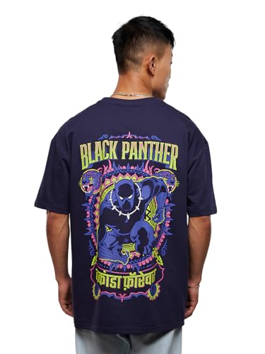 Image of The Souled Store Official Black Panther: Wakanda Forever Mens and Boys Oversized fit Graphic Half Sleeve Cotton Blue Color Oversized T-Shirts