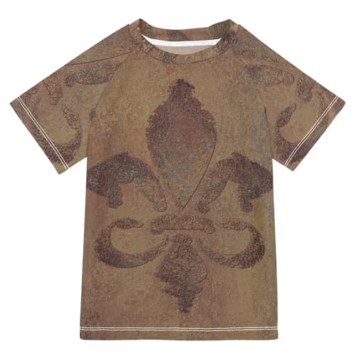 Aflyko Mardi Gras Kid Rashguard Shirt Fleur De Lis Vintage Brown Boys Girls Swimsuit Top