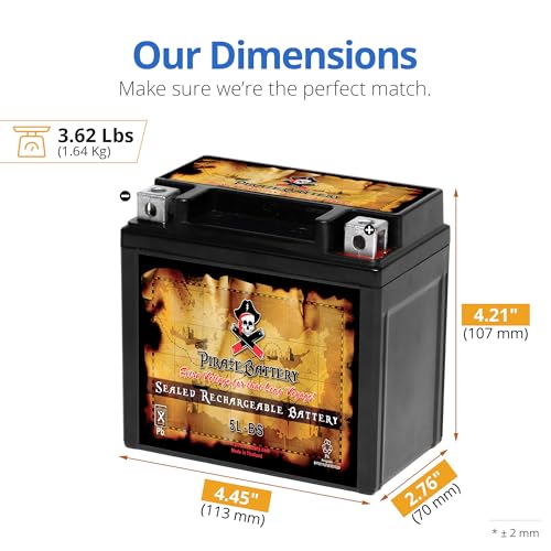 Image of Pirate Battery YTX5L-BS Maintenance Free Replacement Battery compatible with ATV, Motorcycle, and Scooter: 12 Volts, 5 Amps, 4Ah, Nut and Bolt (T3) Terminal