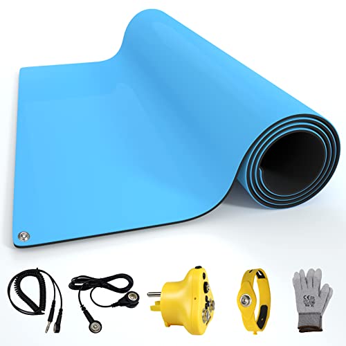 Aidacom 30x24 Inch ESD Rubber Mat, Anti Static Table Floor Pad for PC Building Electronic Device Repair Solder Assembly Work, W/H Grounding Kit- Antistatic Plug Wrist Strap Bracelet Cord Gloves, Blue