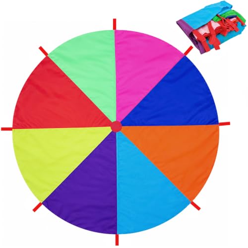Dimoxii 6.5 FT/13.1 FT Rainbow Parachute with 8 Handles/20 Handles Gymnastics Play Circus Games for Kids School Playground Outdoor Activities Indoor Sports Equipment (2 M/6.5 FT)
