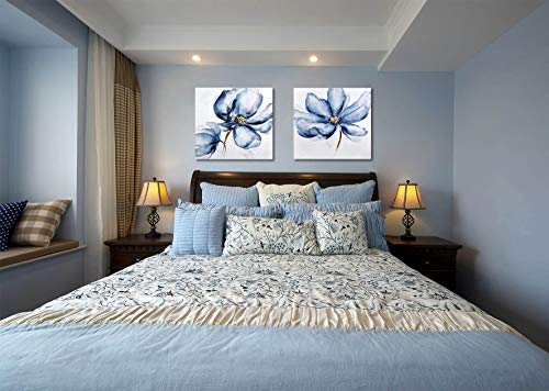 Framed Canvas Wall Art For Home Decoration, 2 Panels Navy Blue Poppies Oil Paintings, Hand Painted Modern Floral Pictures For Living Room Bedroom Stretched Ready To Hang 56X28Inch #TOP4