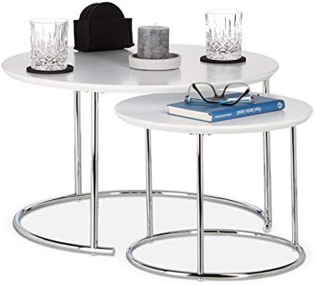 Relaxdays Round Side Tables Set of 2, Small Matt Coffee Table, Nesting Tables, Wood and Metal, Chromed, 60x60 cm, White