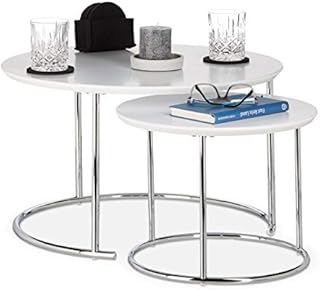 Relaxdays Round Side Tables Set of 2, Small Matt Coffee Table, Nesting Tables, Wood and Metal, Chromed, 60x60 cm, White